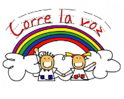 Primer logo de Corre la Voz: dos niñas bajo un arcoíris