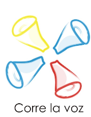 Segundo logo de Corre la Voz: cuatro megáfonos de colores